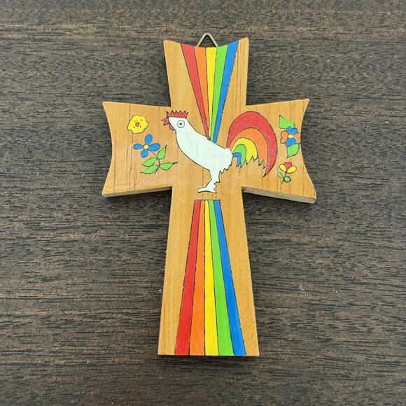 Cross El Salvador Vtg Handmade Rooster Rainbow Folk Art Colors Floral Religious - Picture 2 of 15